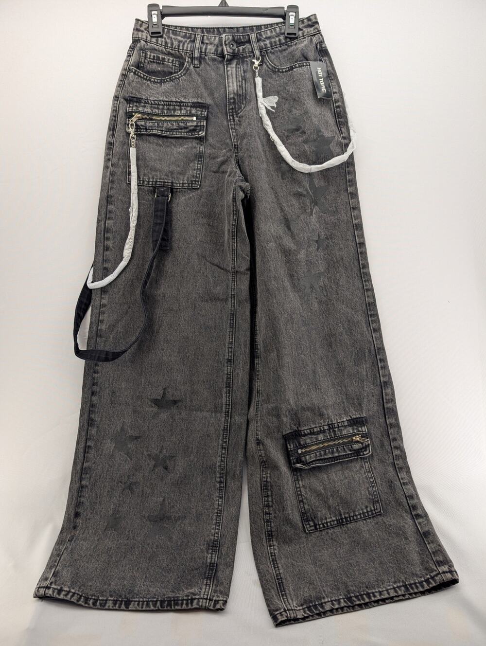 NWT Hot Topic Grey Wash Star Side Chain Wide Leg Denim Pants in Grey size 7